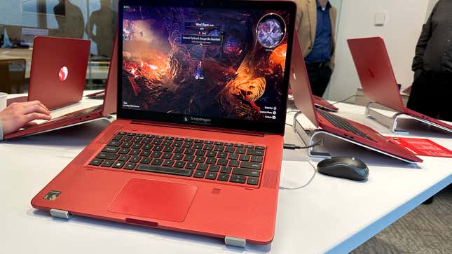 A test PC with the upcoming Qualcomm Snapdragon X Elite chip, which achieves relatively stable frame rates with an emulation of Baldur's Gate III.