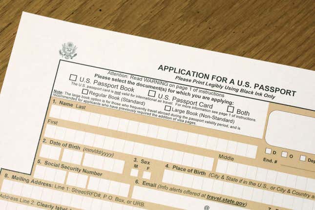 Government passport application from the U.S. Department of State