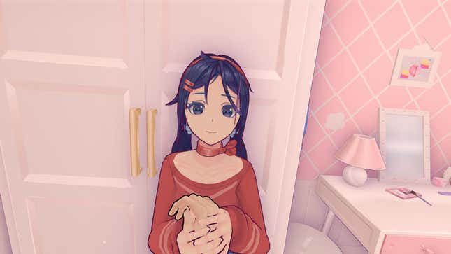 Mita smiles while holding the player’s hand in hers, standing in front of a wardrobe.