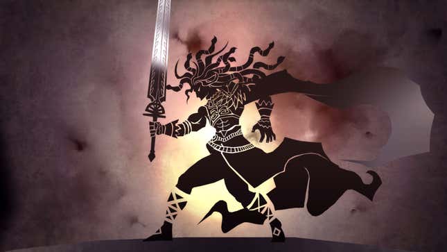 A piece of shadow art depicting a hero holding a sword.