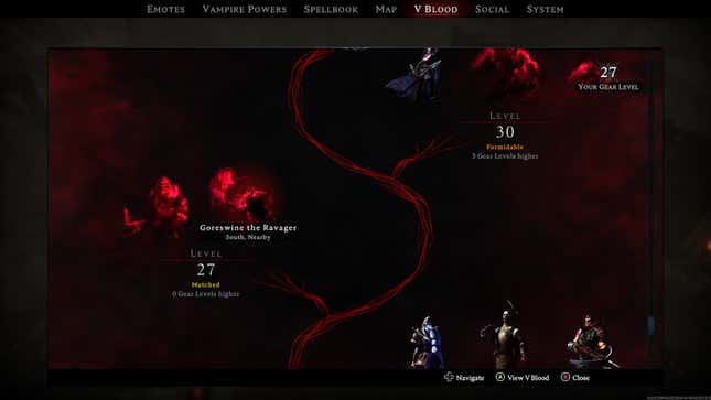 The "V Blood" screen shows enemy characters, displaying their level and indicating whether the player's gear level matches them or not.