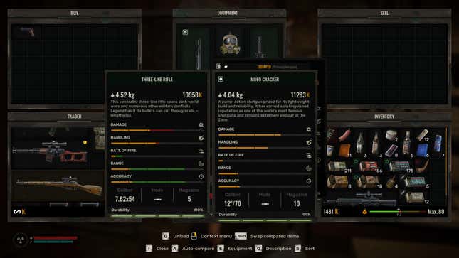 The stat box for the Three-Line Rifle in Stalker 2.