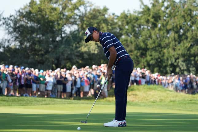 Sep 29, 2023; Rome, ITA; Team USA golfer Rickie Fowler putts on the ninth green during day one foursomes round for the 44th Ryder Cup golf competition at Marco Simone Golf and Country Club.