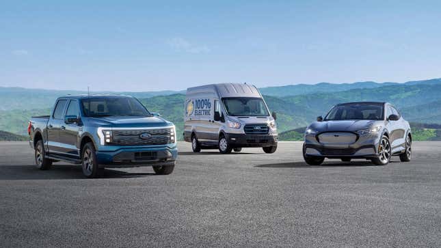 The Ford F-150 Lightning, Ford E-Transit and Ford Mustang Mach-E make up Ford’s current EV lineup.