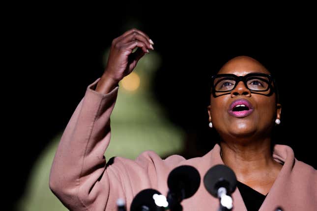 WASHINGTON, DC - NOVEMBER 13: U.S. Rep. Ayanna Pressley (D-MA) speaks at a news conference calling for a ceasefire in Gaza outside the U.S. Capitol building on November 13, 2023 in Washington, DC.