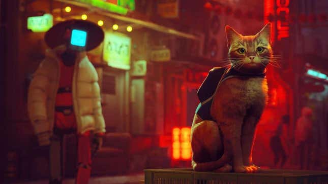 Eine Katze starrt auf die Science-Fiction-Stadt