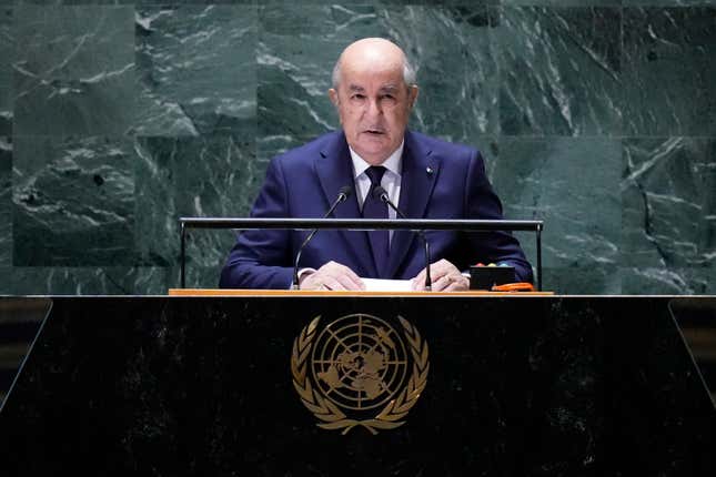 FILE - Algerian President Abdelmadjid Tebboune addresses the 78th session of the United Nations General Assembly, Tuesday, Sept. 19, 2023 at U.N. headquarters. Algerian President Abdelmadjid Tebboune on Saturday, Nov. 12, 2023, dismissed the country&#39;s prime minister and replaced him with the head of his cabinet as the country struggles with inflation and next year&#39;s national elections approach. (AP Photo/Frank Franklin II, File)