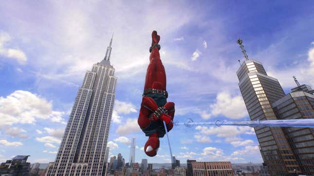 A Spider-Man 2 screenshot shows Peter Parker wearing his Scarlet Spider suit. 