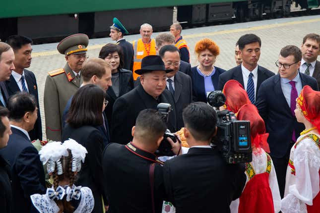 Kim Jong Un takes part in a welcoming ceremony at a railway station in Khasan, Russia, April 24, 2019.