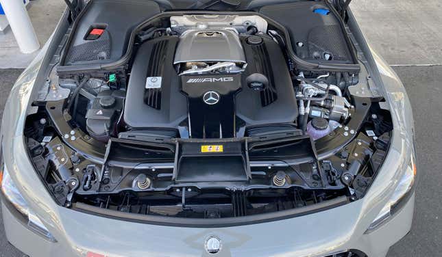 An underhood shot of the AMG GT63 Hybrid's twin turbocharged 4.0-liter V8