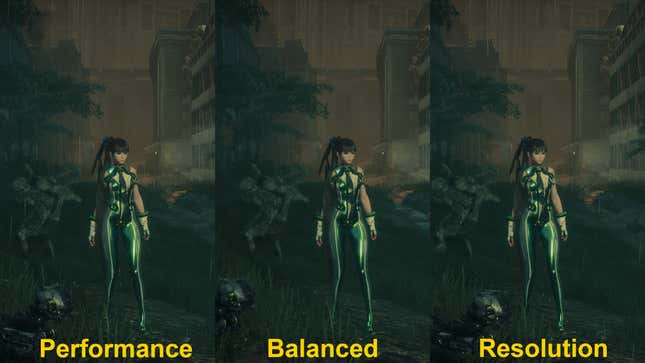 Tiga gambar berjajar menunjukkan perbedaan pilihan grafis di Stellar Blade.