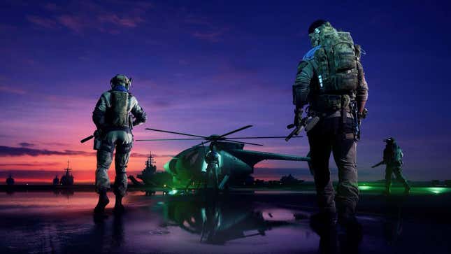 Soldiers walk toward a helicopter at sunset in Battlefield 2042.