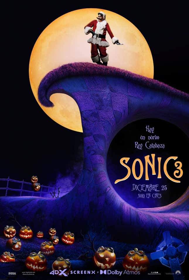 A poster of Eggman standing at the top of a hill with Jack-o-lanterns on the ground below.