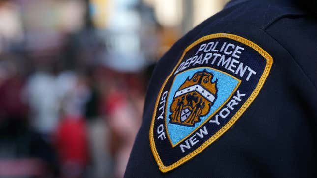 New York City - Circa 2016: NYPD sleeve patch shield on a police officer patrol in Manhattan. Protect public from terror threats and ensure safety in popular city and target for attacks.