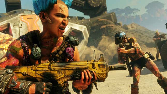 A screenshot shows a raider holding an assault rifle in Rage 2. 