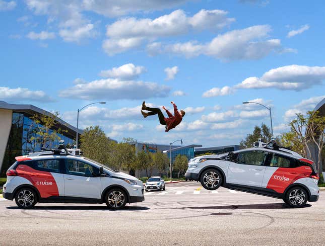 Group Of Driverless Cars Bounce Pedestrian Between Them