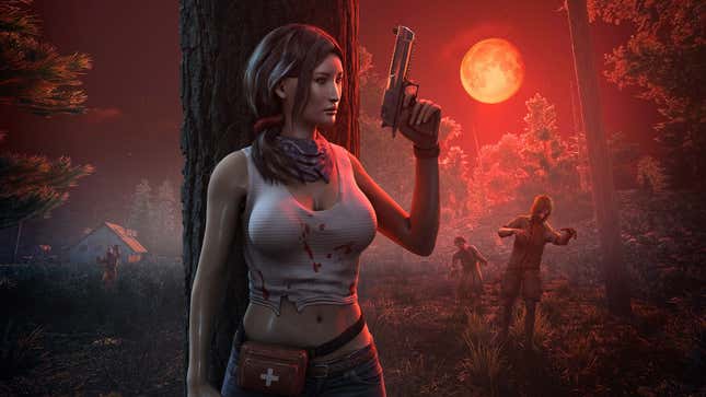An image shows a woman hiding behind a tree from zombies. 
