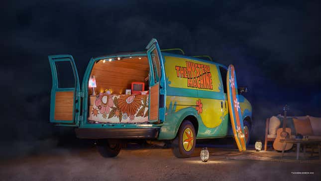 The Mystery Machine is shown at night with fog around it to give it a spooky air.