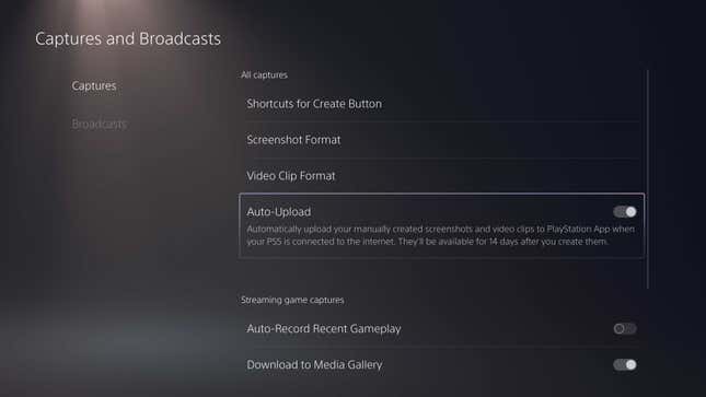 A screenshot of the PS5's menu shows an Auto-Upload setting for screenshots.