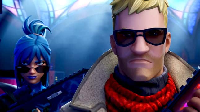 Two Fortnite characters, one man and one woman, stare at the camera with sunglasses on and guns in hand.