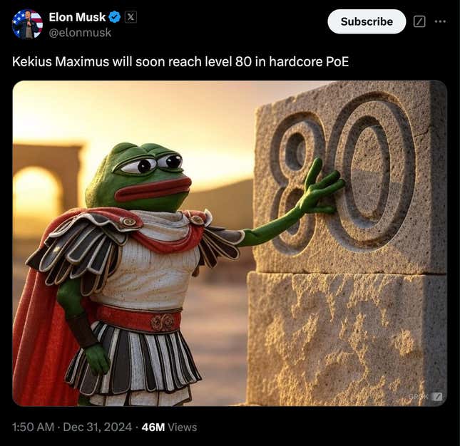 Image for article titled Elon Musk’s cryptic post sent another memecoin soaring — momentarily