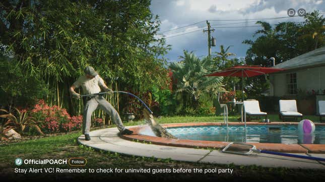 A person in a uniform wrangles an alligator out of a pool.