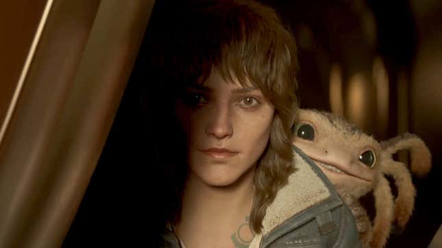 Star Wars Outlaws protagonist Kay Vess looks out from behind a building with an alien creature sitting on her left shoulder.