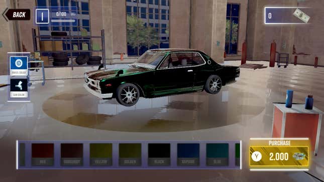 A screenshot from Burnout shows someone customizing a car. 