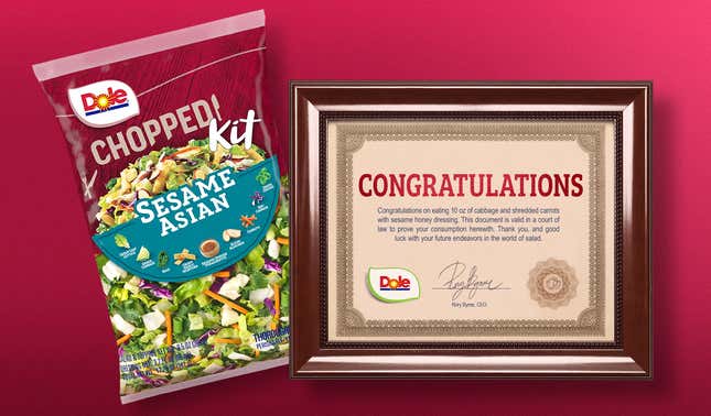 Image for article titled Dole Salad Kits Now Include Framed Certificate Confirming Owner Has Eaten Salad