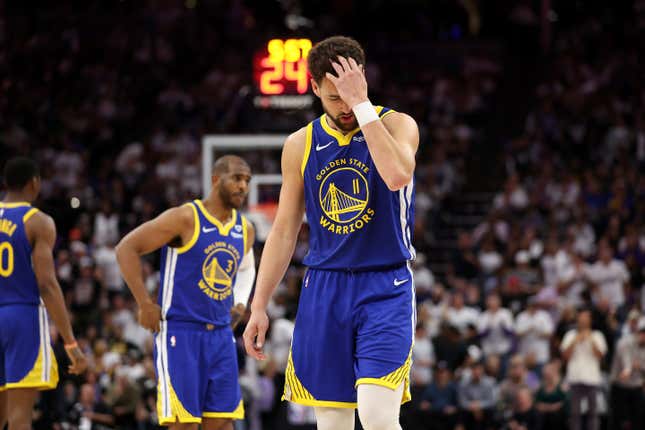 SACRAMENTO, CALIFORNIA - APRIL 16: Klay Thompson #11 of the Golden State Warriors reacts after missing a shot against the Sacramento Kings in the second half during the Play-In Tournament at Golden 1 Center on April 16, 2024 in Sacramento, California. NOTE TO USER: User expressly acknowledges and agrees that, by downloading and or using this photograph, User is consenting to the terms and conditions of the Getty Images License Agreement. (Photo by Ezra Shaw/Getty Images)