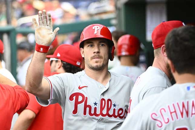 Jun 3, 2023; Washington, District of Columbia, USA; Philadelphia Phillies catcher J.T. Realmuto (10) is congratulated by teammates after hitting a home run against the Washington Nationals during the sixth inning at Nationals Park.