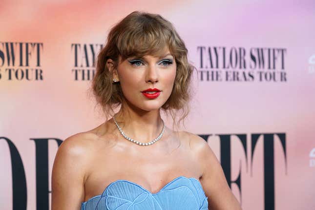 FILE - Taylor Swift arrives at the world premiere of the concert film &quot;Taylor Swift: The Eras Tour&quot; in Los Angeles on Oct. 11, 2023. Swift’s Instagram message encouraging her 283 million followers to register to vote was nominated for a Webby in the best creator or influencer category. (AP Photo/Chris Pizzello, File)