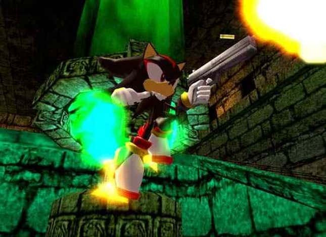 Shadow hovers as he fires a pistol.