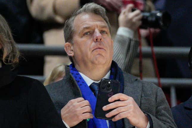 FILE - Chelsea owner Todd Boehly looks dejected after losing the English Carabao League Cup Final soccer match between Liverpool and Chelsea , at Wembley Stadium , London, England, Sunday 25th Feb 2024. Chelsea has announced pre tax losses of 90.1 million pounds ($114.88 million) in its latest accounts, which cover the Premier League club’s first year under U.S. owners Todd Boehly and Clearlake Capital. (AP Photo/Dave Shopland, File)