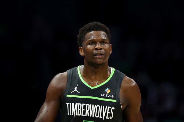 Anthony Edwards #5 of the Minnesota Timberwolves looks on during the first half of the game against the Charlotte Hornets at Spectrum Center on March 05, 2025, in Charlotte, North Carolina.