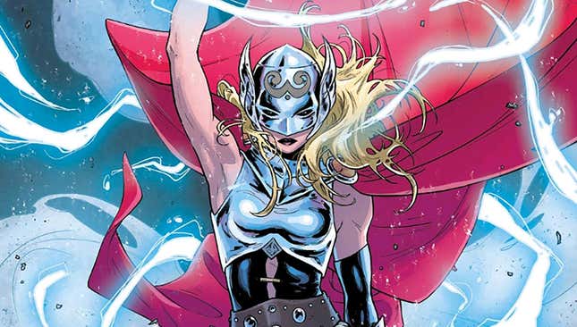 Jane Foster as Thor, raising her hammer into the sky as lightning crackles around her. 