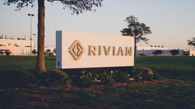 The corporate signage outside Rivian's assembly plant in Normal, Illinois