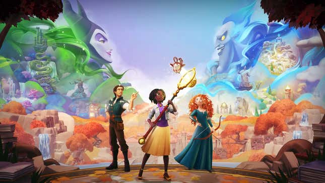 Heroic characters stand in front of a collage of Disney-themed characters and environments.