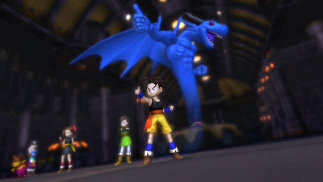 The protagonist of Blue Dragon and the titular dragon behind him both give a thumbs up.