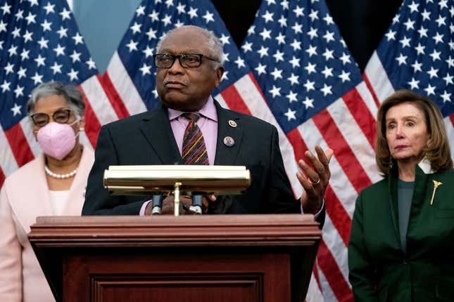 House Majority Whip James Clyburn (D-SC) speaks during the unveiling ceremony of the Joseph H. Rainey Room in the U.S. Capitol in Washington, DC, on February 3, 2022.