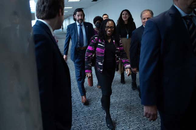 US Supreme Court nominee Ketanji Brown Jackson arrives to meet with Senator John Cornyn (R-TX) (out of frame) on Capitol Hill on March 10, 2022, in Washington, DC.