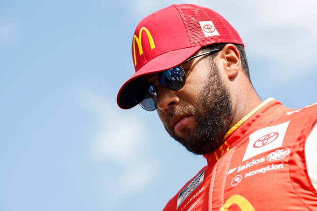 Bubba Wallace, driver of the #45 McDonald’s Toyota, walks onstage during driver intros prior to the NASCAR Cup Series South Point 400 at Las Vegas Motor Speedway on October 16, 2022 in Las Vegas, Nevada. (Photo by Sean Gardner/Getty Images)