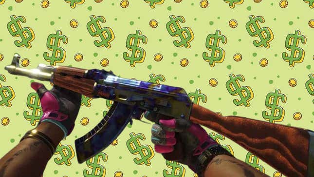 A Blue Gem AK-47 in front of a dollar sign background