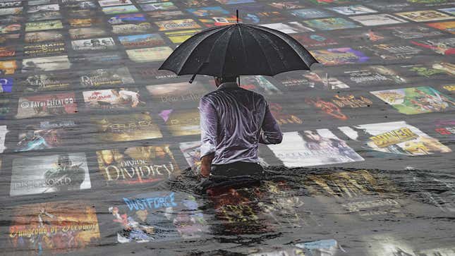 An image shows a man walking through a flood of video games. 