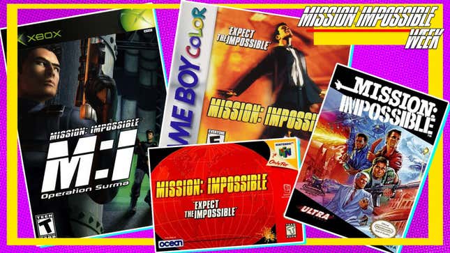 A collage image featuring box art for the Mission: Impossibles on N64 and Game Boy Color, Mission: Impossible on NES, and Mission: Impossible -- Operation Surma on Xbox.