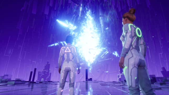 An image of Split Fiction's main characters in a sci-fi setting staring at a large opening in a simulation room.