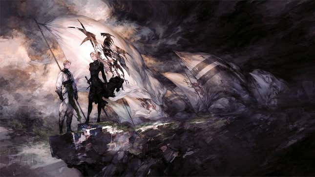 The protagonists of Tactics Ogre stand near a cliff with flags.