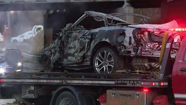 The crashed, stolen Ford Mustang