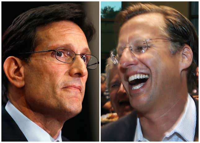 In this combination of Associated Press photos, House Majority Leader Eric Cantor, R-Va., left, and Dave Brat, right, react after the polls close Tuesday, June 10, 2014, in Richmond, Va. Brat defeated Cantor in the Republican primary. (AP Photo)