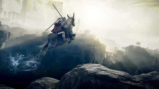 A fantasy horse with horns jumps in mid-air between two rocky outcroppings.